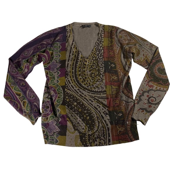 Etro Wool Cashmere AOP V Neck Sweater Women's 40 Small BOHO Cottage Core - Picture 1 of 9